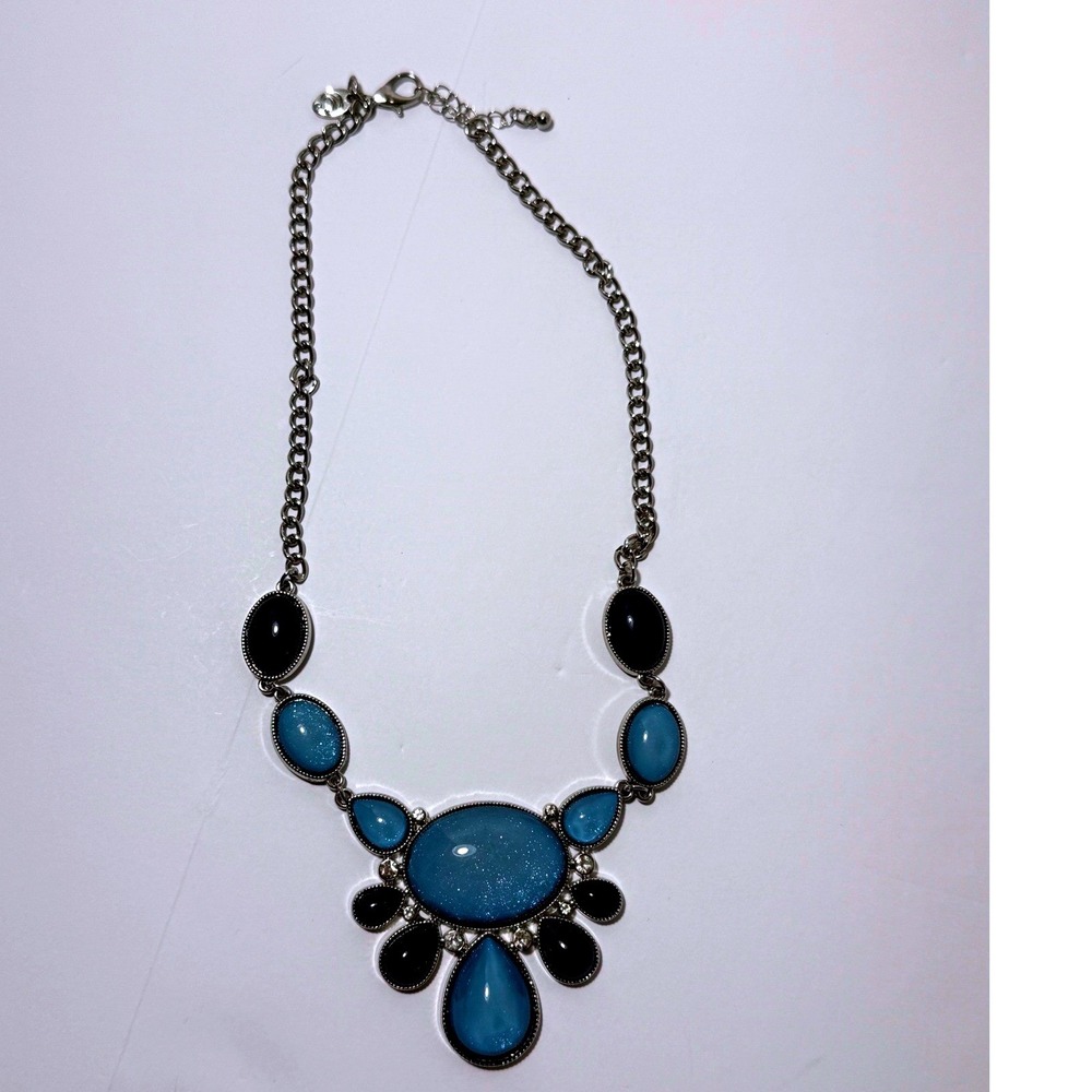 Blue Statement Bib Necklace Navy Light Blue Faux Stone Silver Tone Chain 10in